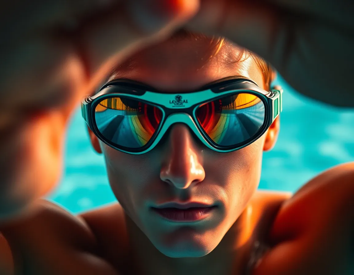 This dramatic studio shot features a swimmer preparing for a race, adorned with high-performance gear and goggles. The striking teal and orange lighting creates a vibrant atmosphere, enhancing the swimmer's determined expression as they focus on the challenge ahead. The meticulous detail of the swimmer’s goggles reflects the professional environment, making it ideal for sports marketing and promotional content.