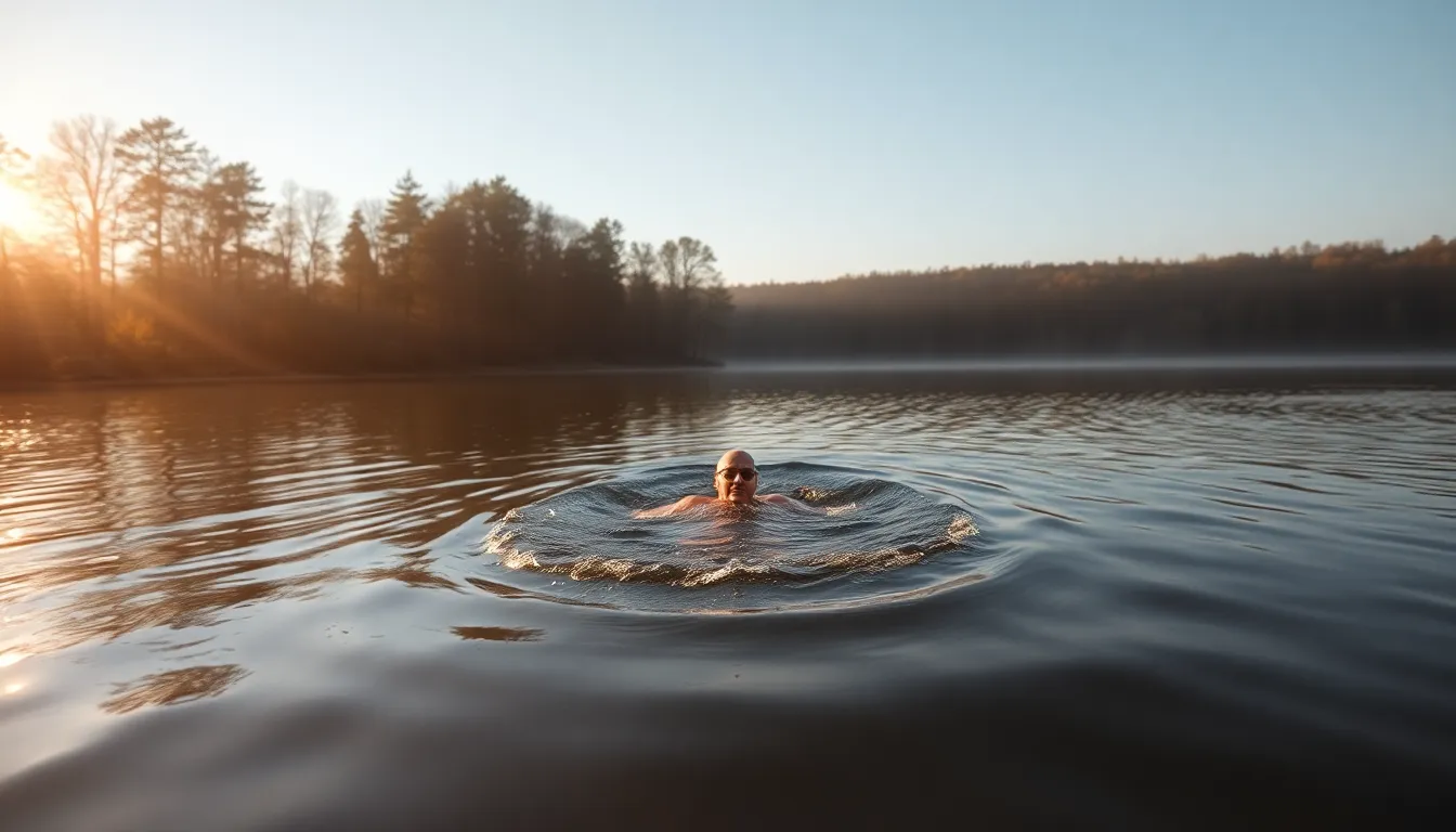Swimmer Practicing in Serene Lake A serene scene of a swimmer practicing strokes in a tranquil lake surrounded by lush trees. The warm morning light filters through the foliage, creating a peaceful atmosphere. The natural muted tones enhance the calming effect, while the leading lines of the shoreline guide the viewer’s attention to the swimmer. Gentle ripples in the water reflect the movements, encapsulating the harmonious connection between nature and sport.