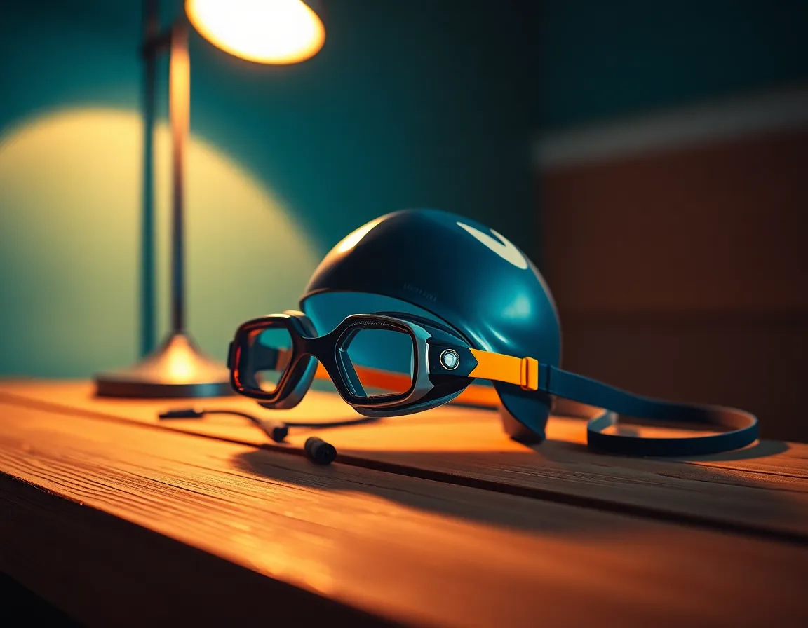 An intimate close-up of a swimmer's preparation gear artfully arranged on a rustic wooden bench, illuminated by warm tungsten lighting. The goggles and swim cap are the focal points, showcasing intricate details and textures. The color grading enhances the sleekness of the materials, while the soft bokeh provides a warm ambiance. This image encapsulates the anticipation and preparation that precede a competitive swimming event.