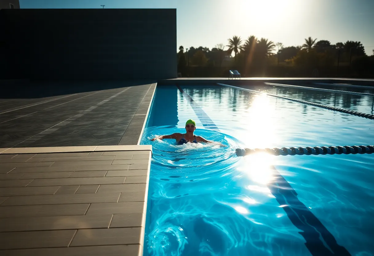 This image captures a focused swimmer poised at the edge of a sparkling blue pool, ready to dive into the water. Bright afternoon sunlight casts sharp shadows on the pristine tiles, emphasizing the swimmer's intense concentration. The composition aligns with the rule of thirds, drawing attention to the swimmer's athletic stance. The polished surface of the pool reflects shimmering water droplets while the rich blue tones create a refreshing swim environment.