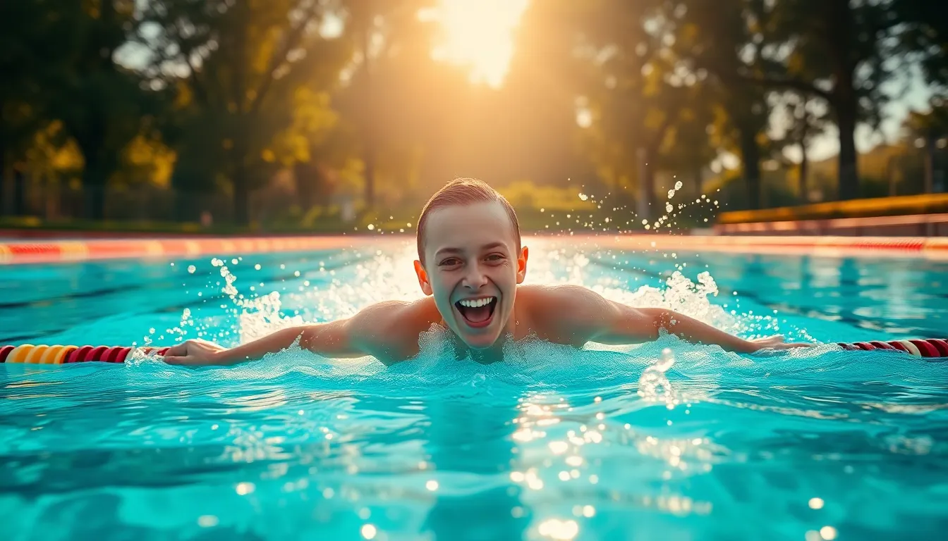 An action-packed moment of a swimmer executing a flip turn in a clear pool, surrounded by dappled sunlight filtering through trees. The swimmer’s joyful expression captures the essence of competition and fun. Rich teal and orange tones heighten the vibrancy, while leading lines from lane markers draw the viewer’s attention to the dynamic movement. Bubbles dance around the swimmer, further enhancing the energy of the moment.