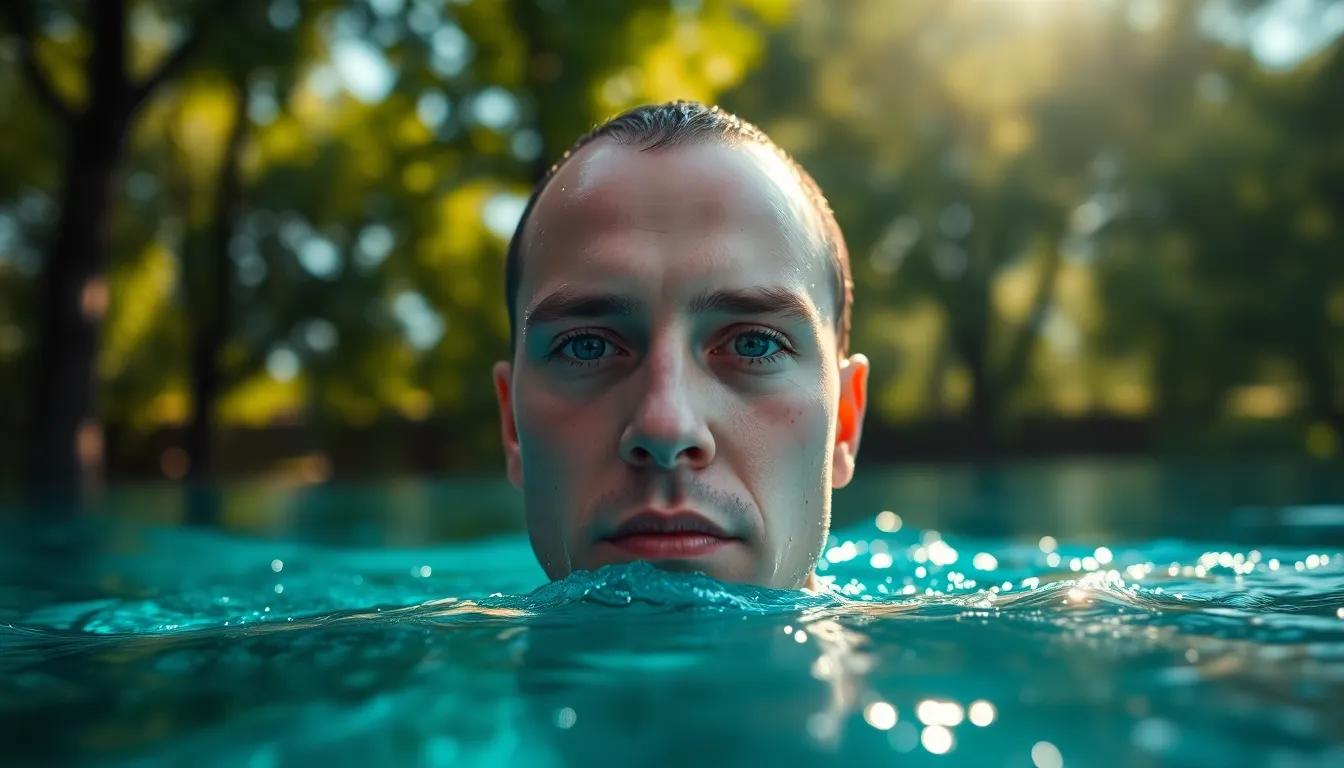 A stunning scene of a serene outdoor swimming pool set among trees, with dappled sunlight sparkling on the water’s surface. The rich greens of the trees juxtapose with the vibrant blue of the pool, creating a vibrant and inviting mood. This image captures the tranquility of morning swims, encouraging feelings of relaxation and connection with nature, perfect for wellness and lifestyle branding.