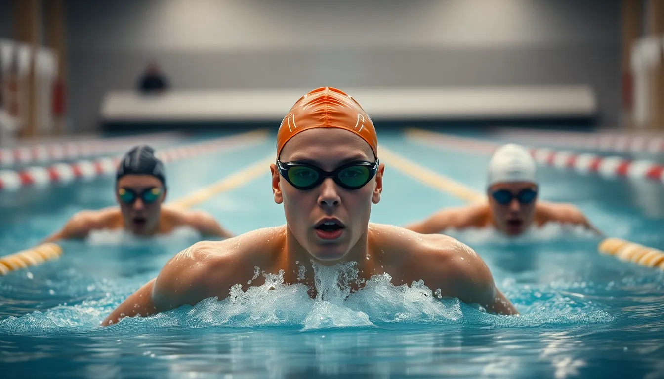 This intense image captures the competitive spirit of swimmers racing in a professional pool environment. Overcast diffused lighting creates an even soft glow, enhancing the swimmers' natural skin tones and the sleekness of their swimwear. The lead swimmer’s focused expression is accentuated with selective focus while the background gently blurs away. The composition is centered and symmetrical, emphasizing the lanes of the pool leading into the distance, with glistening water droplets adding a dynamic touch.