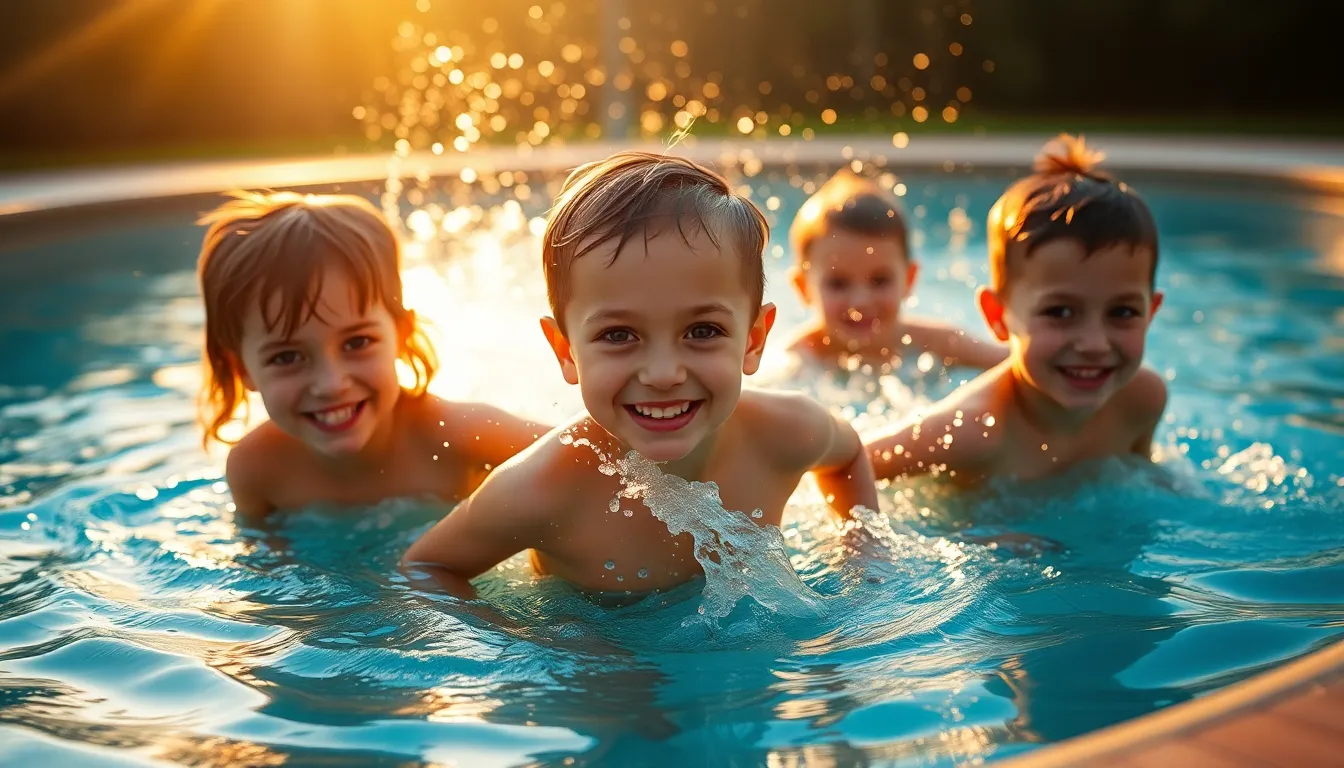 A joyful scene of children playing in a shallow pool during golden hour, their laughter echoing as they splash water at each other. The warm backlighting creates a magical atmosphere with golden highlights on their skin. The composition leads the viewer’s eye toward the action, showcasing the beauty of childhood joy. Textures of glistening skin and water droplets add to the lively energy of the moment.