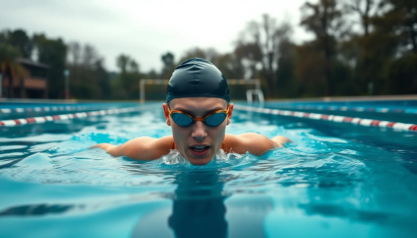 This serene image depicts a swimmer gliding effortlessly through calm waters, surrounded by lush greenery. The overcast lighting eliminates harsh reflections, creating a harmonious atmosphere. The swimmer's streamlined form contrasts with the deep blues of the pool, drawing the viewer's eye along the leading lines of the pool's edge. This composition captures the tranquility and grace of swimming.