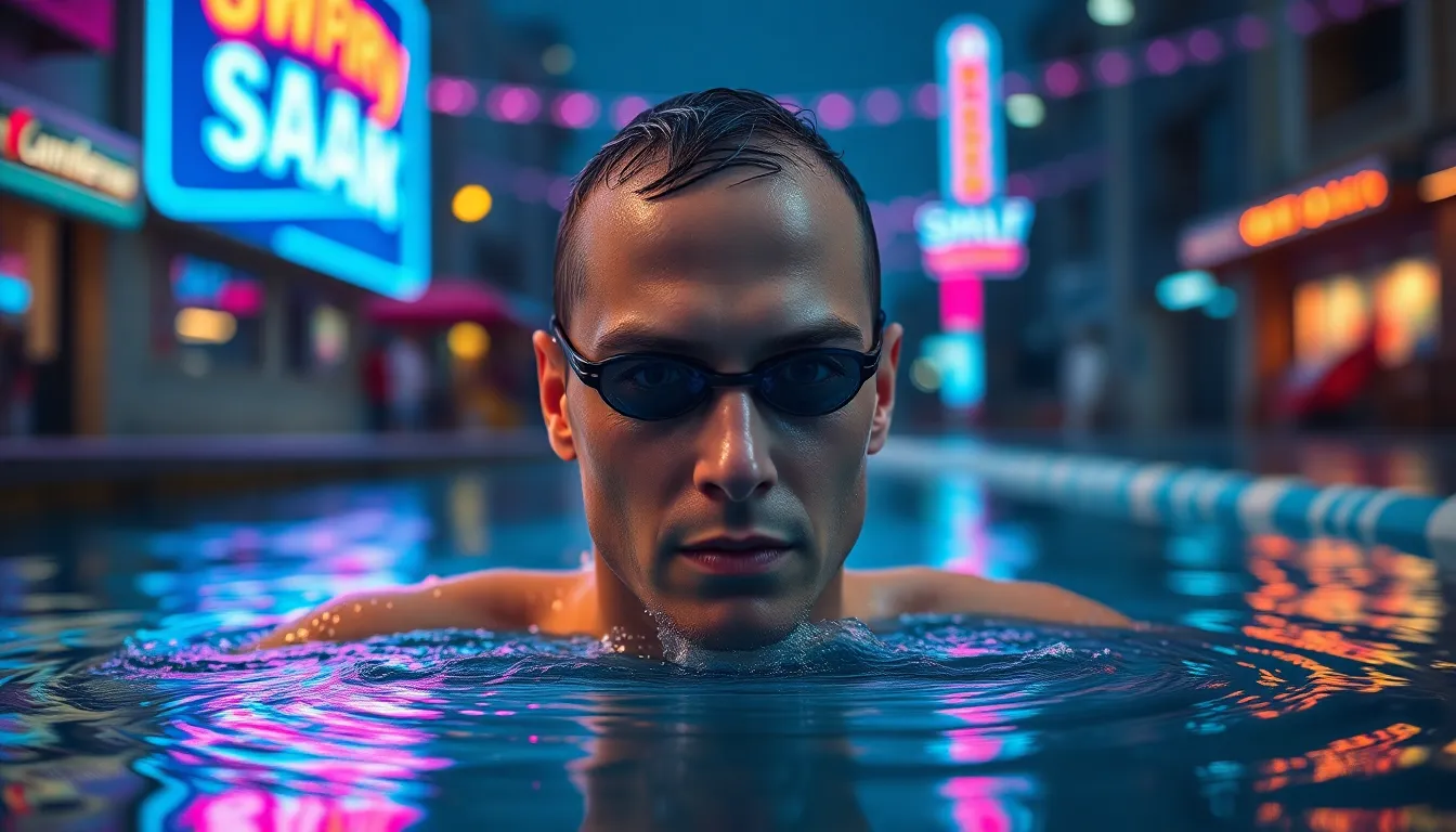 Swimmer Under Neon Lights at Night An electrifying image of a swimmer captured under vibrant neon lights, creating a dramatic contrast against the dark surroundings. The swimmer’s determined expression is in sharp focus, drawing attention amidst the colorful reflections on the water. The dynamic composition and lighting evoke a sense of energy and excitement typical of night-time swim events.
