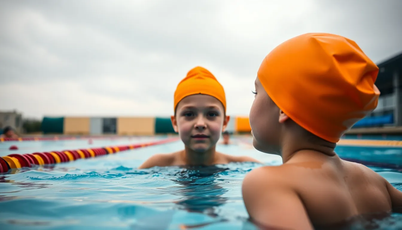 This image captures a young swimmer focused and poised in their lane during a competitive race. The overcast condition provides soft, even lighting that minimizes harsh shadows, enhancing the natural muted tones of the scene. With a shallow depth of field isolating the swimmer in vibrant gear, the leading lines of the lane markers draw attention to their determination and skill. The texture of the swimmer's cap contrasts beautifully against the rippling water, adding depth to the image.