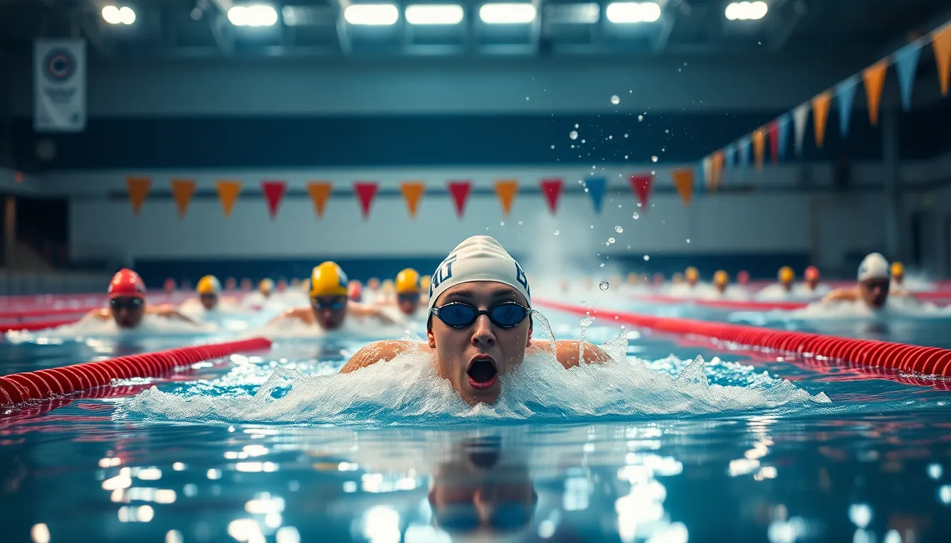 This high-energy image captures the thrill of a competitive swimming event, focusing on a swimmer mid-race. Harsh overhead lighting accentuates the moment, enhancing the vivid colors of bright swim caps and dark lanes. With a leading line composition, the focus is sharp on the swimmer while others blur into the background, conveying a sense of speed and urgency. The texture of splashing droplets adds excitement and realism to the scene.