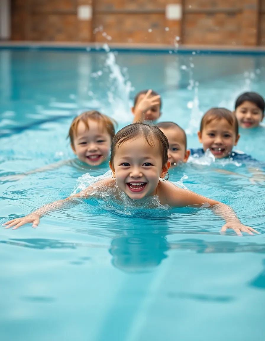 Children Learning to Swim Together A heartwarming scene of children enthusiastically learning to swim, their expressions filled with concentration and joy. The soft, overcast light creates a calm atmosphere, while the natural muted tones enhance the innocence of the moment. Selective focus highlights the children's faces, surrounded by playful water splashes. This image beautifully captures the essence of childhood and the joy of swimming.
