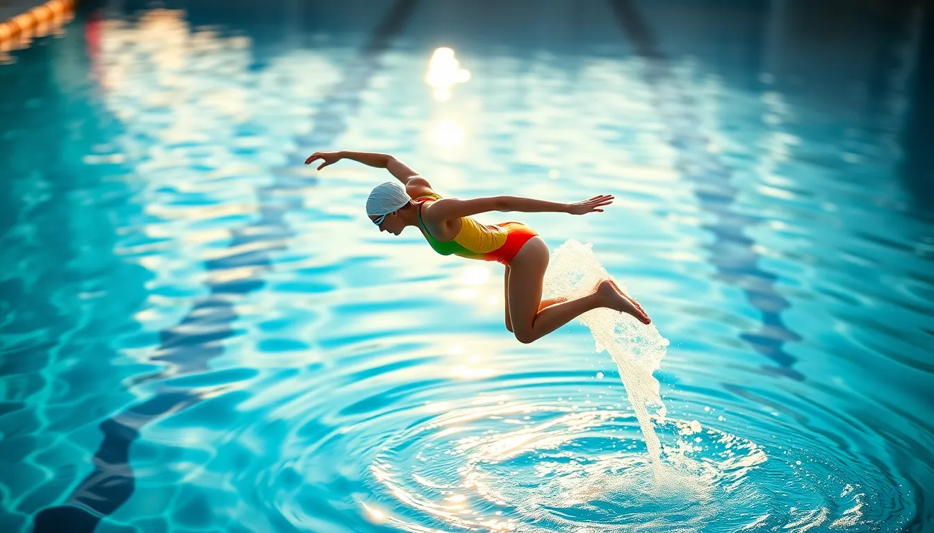 A dynamic image of a swimmer diving into a crystal-clear pool during the early morning. The vibrant colors of the swimmer's swimsuit contrast beautifully against the deep blue water, creating a lively scene. The soft diffused sunlight casts gentle reflections, enhancing the mood of tranquility and focus in this athletic moment. The action is perfectly framed using the leading lines of the pool's edge, capturing both energy and elegance.