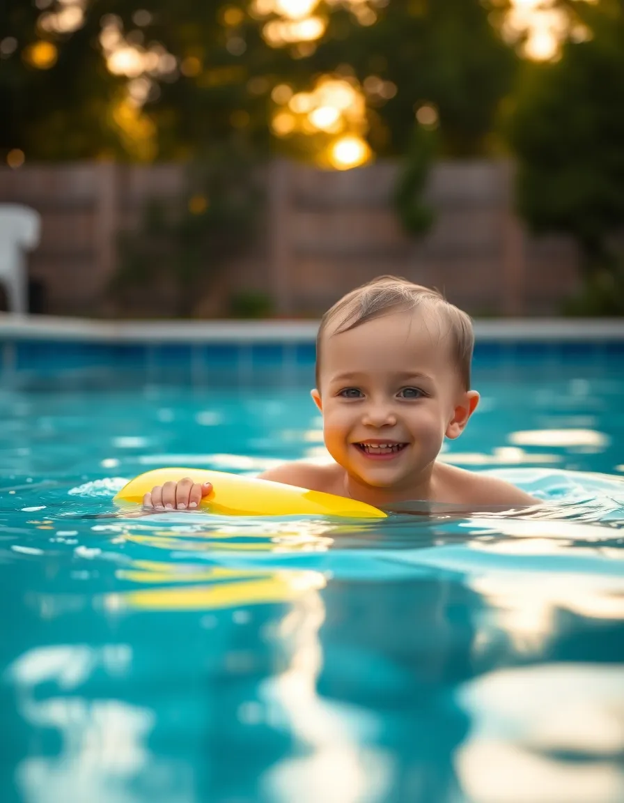 Child Swimming Lesson in Backyard Pool