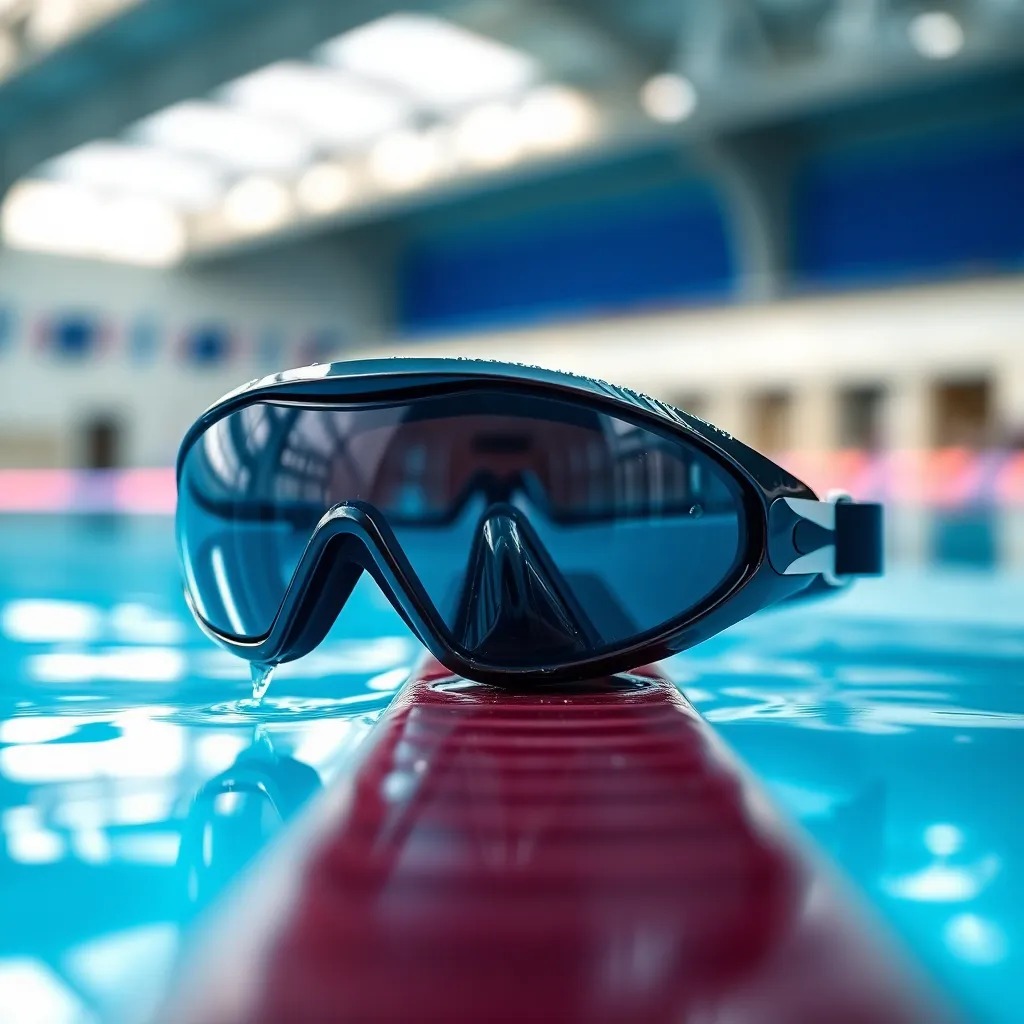 An artistic close-up of a competitive swimmer's goggles resting against the shimmering pool's edge, adorned with glistening water droplets. The natural light from above captures the reflective details and vibrant blues of the pool. The dreamy bokeh effect in the background emphasizes the goggles' sleek design, making it the focal point of the image. This shot conveys the essence of swimming competition and readiness.