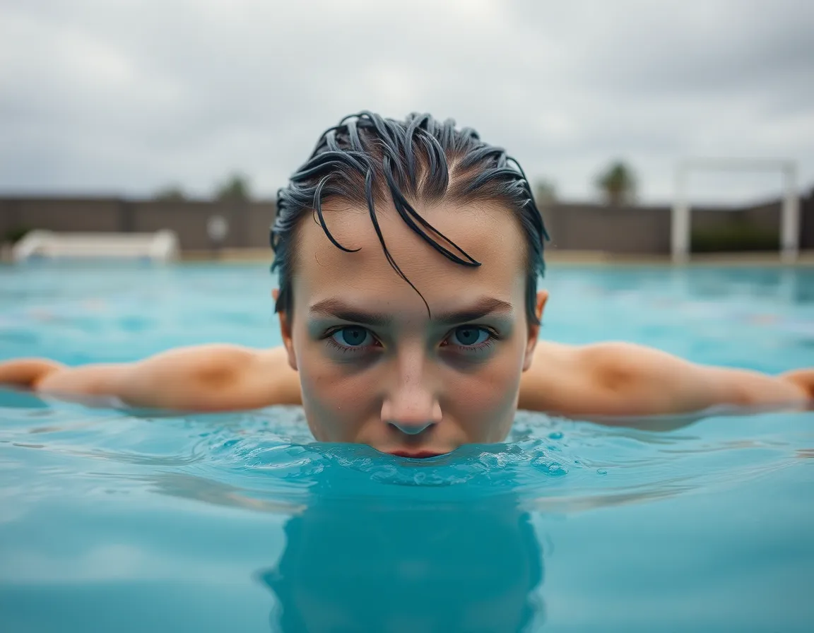 This serene image features a swimmer gliding effortlessly through water, embodying concentration and grace. The overcast lighting creates a soft and even illumination, enhancing the gentle mood of the scene. The symmetrical composition focuses on the swimmer’s face, showcasing the detailed texture of wet hair and the rippling water around them. The muted color palette further emphasizes the tranquility of the moment, perfect for capturing the essence of peaceful swimming.