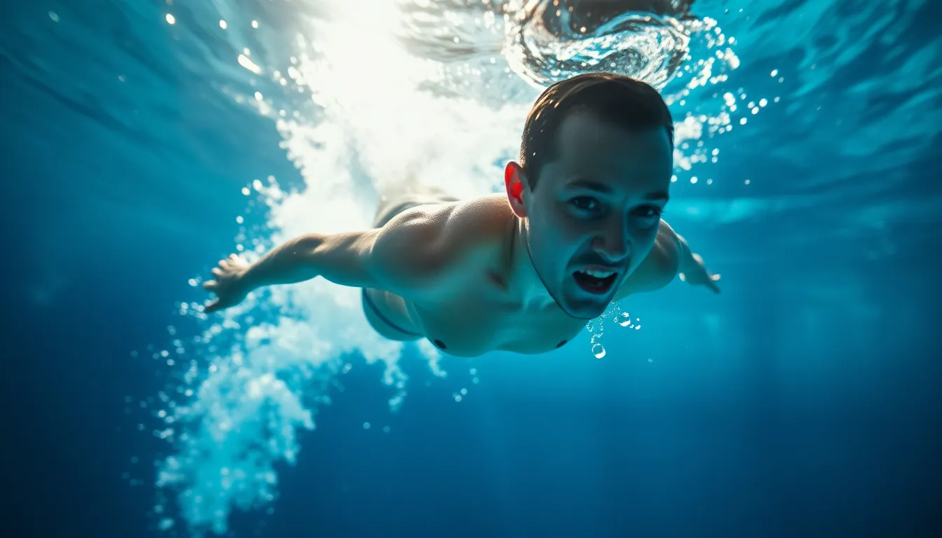 A captivating moment of a swimmer diving into a pool, beautifully captured underwater. The sunlight filtering through the water creates spectacular shimmering patterns, enhancing the scene's dynamism. Rich shades of blue dominate the image, highlighting the swimmer's form and glistening skin. The composition focuses on the swimmer's smooth entry, with lines leading to the pool's edge, creating a dynamic visual impact.