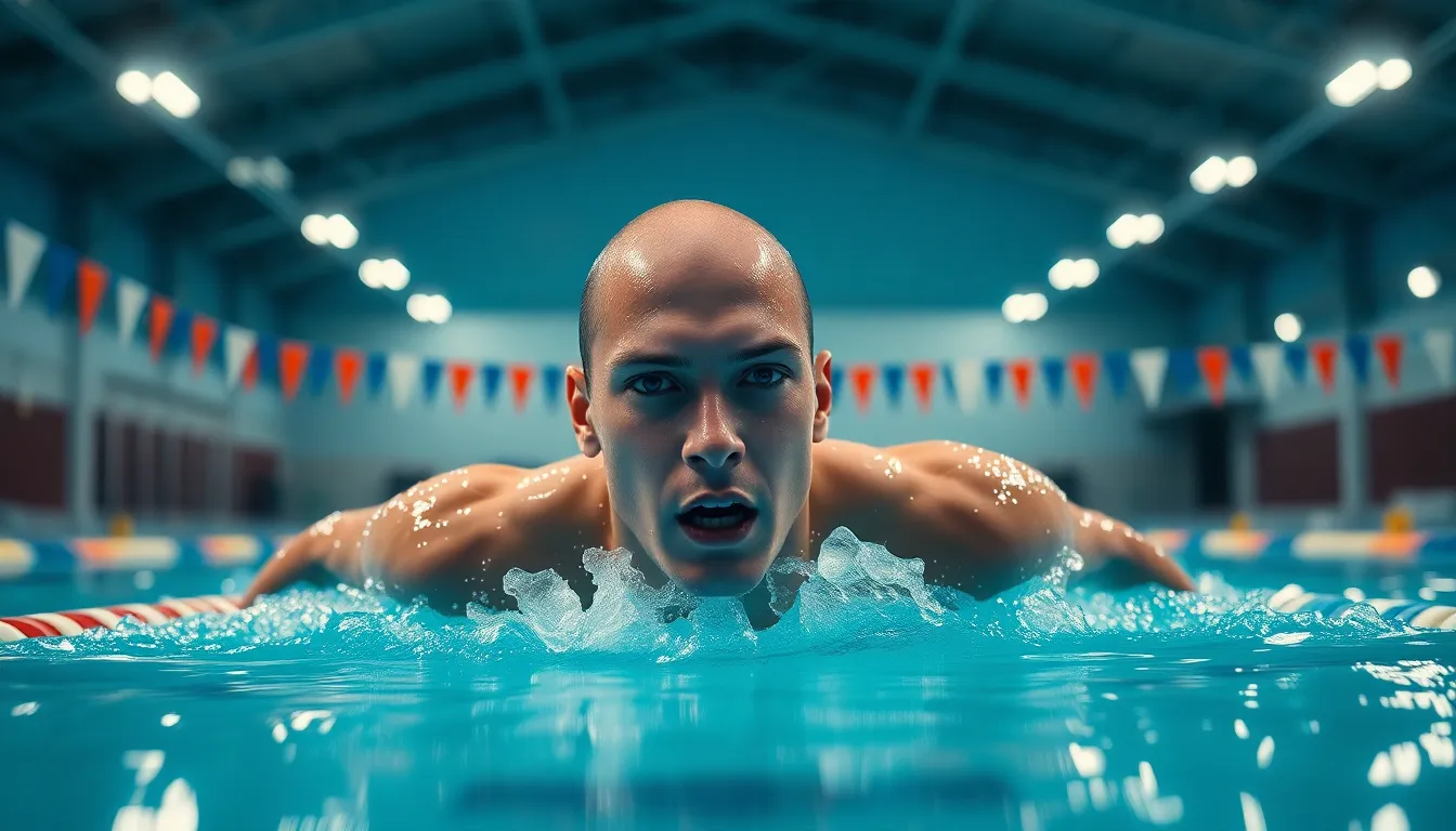This dynamic image features a competitive swimmer in mid-stroke, illuminated by bright overhead lights in an indoor swimming arena. The swimmer's determined expression and focused posture convey intensity and athleticism. The muted blue tones of the water enhance the competitive atmosphere, while leading lines from the lane markers direct the viewer’s focus to the athlete. The crisp details of the scene, including the water droplets on the swimmer’s skin, create a sense of immediacy and realism.