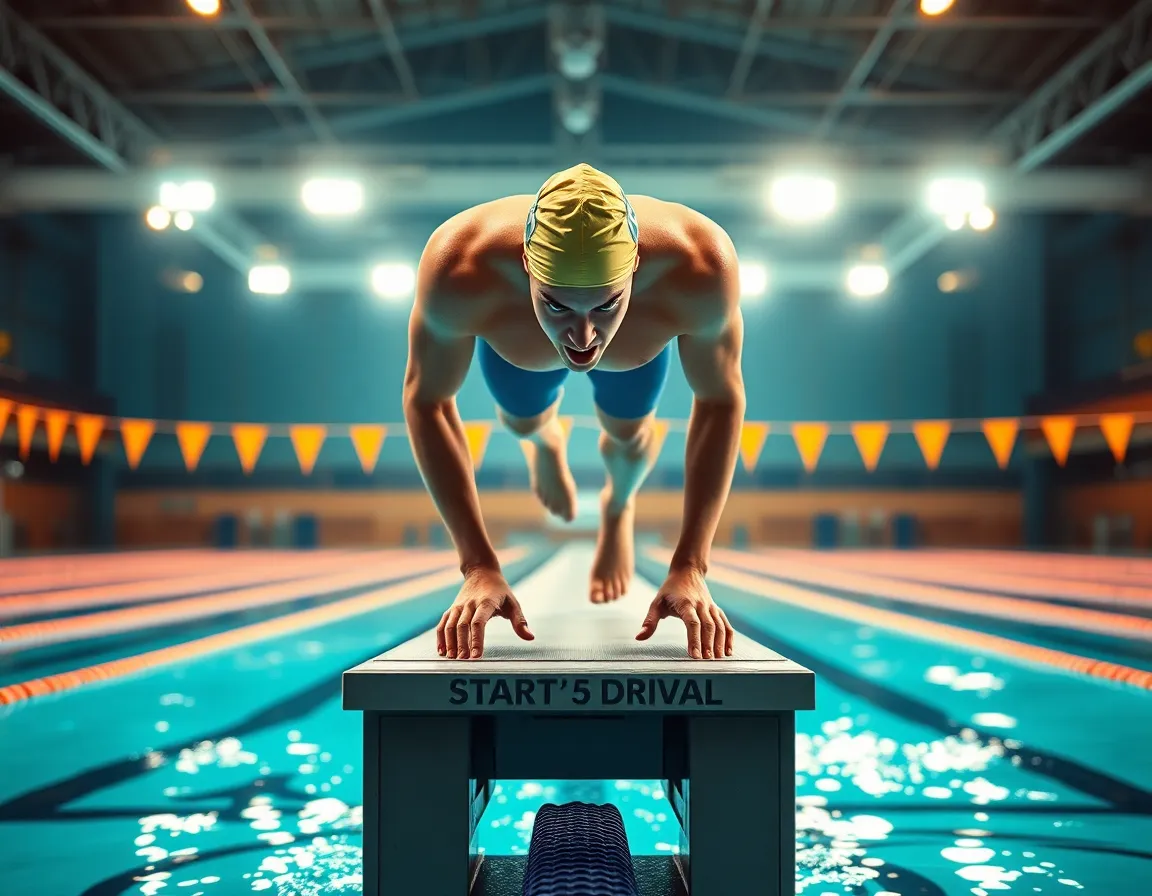 Competitive Swimmer on Starting Block In a tense moment before the race, a swimmer stands confidently on the starting block. The dramatic lighting creates striking contrasts and emphasizes the swimmer's muscular build. The rich teal and orange color grading adds an energetic flair, making this moment feel electric. This image captures both the anticipation and the thrill of competitive swimming, inviting viewers to feel the excitement of the sport.