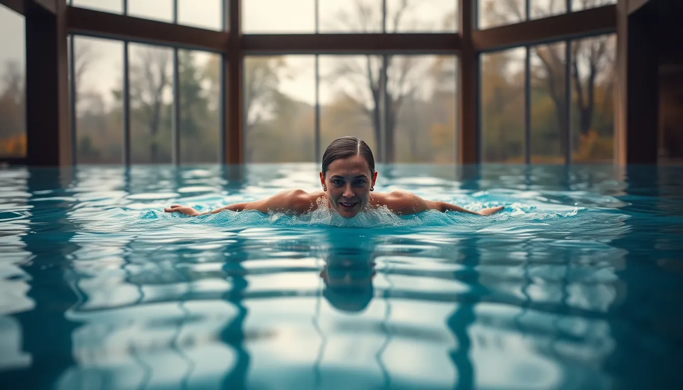 This image captures two synchronized swimmers executing a flawless routine in a beautifully lit indoor pool. The overcast lighting filters through large windows, creating a serene atmosphere that highlights the elegance of their movements. The calmness of the water contrasts with the dynamic action of the swimmers, whose focused expressions convey determination and grace. The overall color palette is muted, enhancing the tranquil yet powerful vibe of the scene.