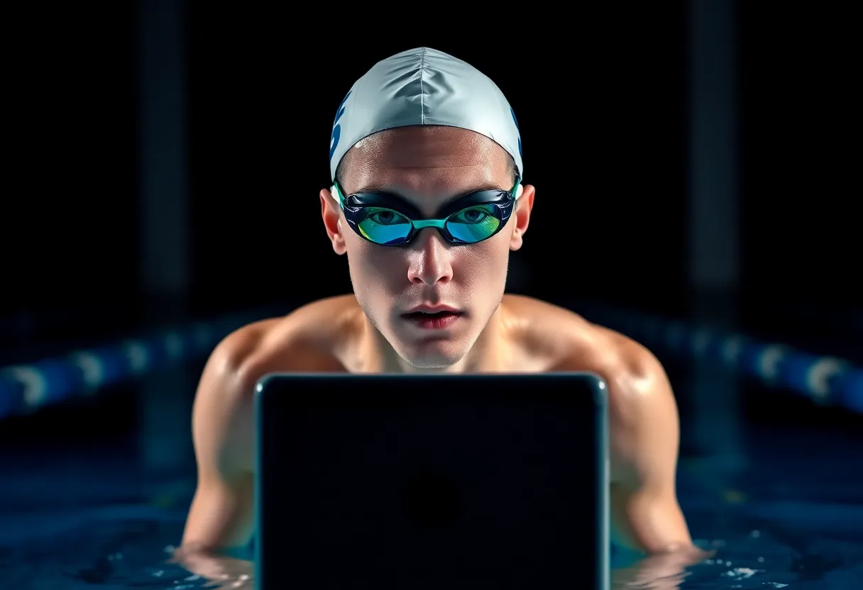 This image captures a focused swimmer poised on the starting block, ready to dive into the pool. The intense studio lighting emphasizes the swimmer's muscular physique and the sleek lines of their swimwear. Vivid blues of the pool contrast beautifully with the dark background, creating a dramatic scene. Reflections from water splashes enhance the tension and anticipation of the moment.