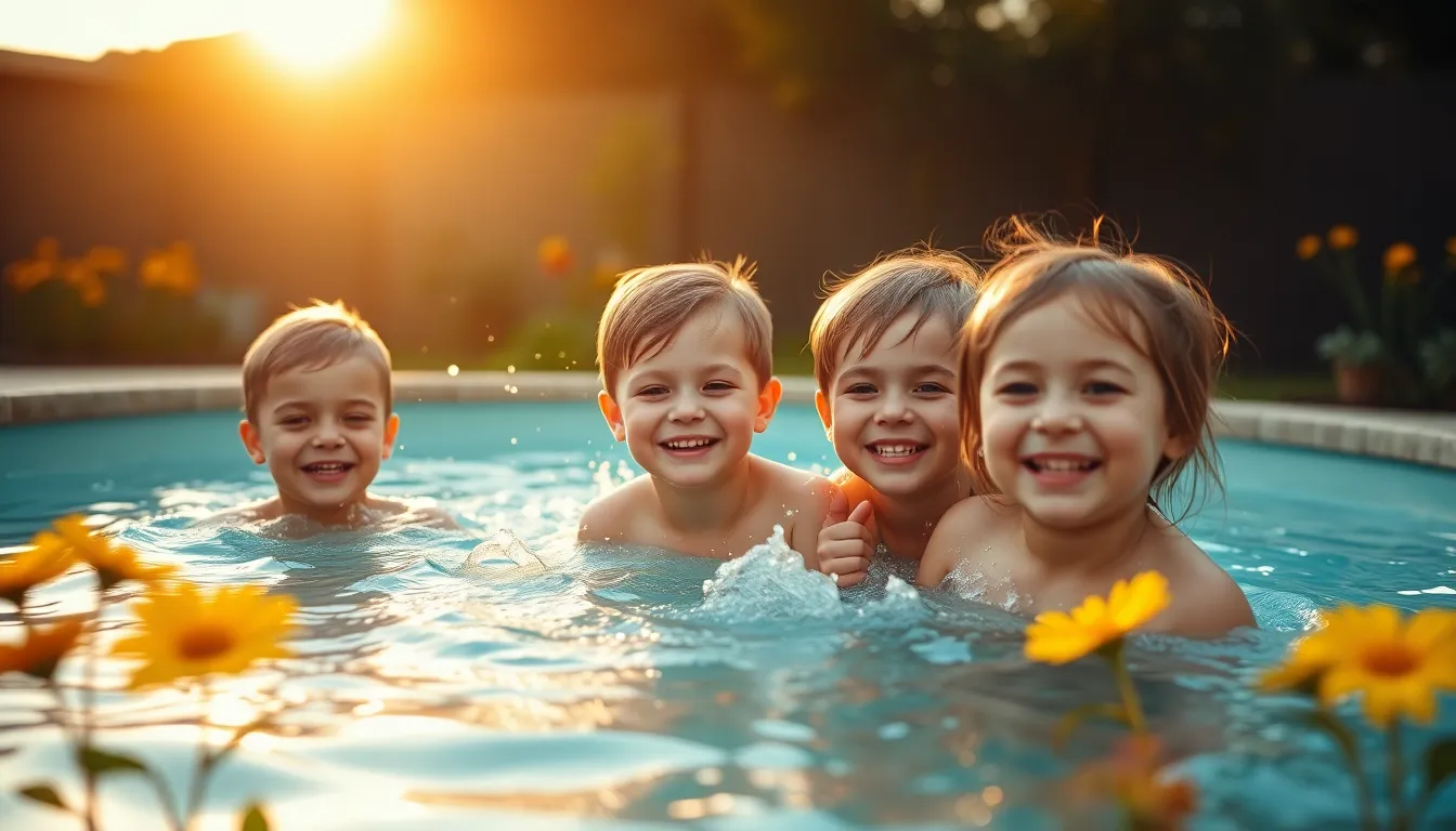 Children Playing in Pool During Golden Hour