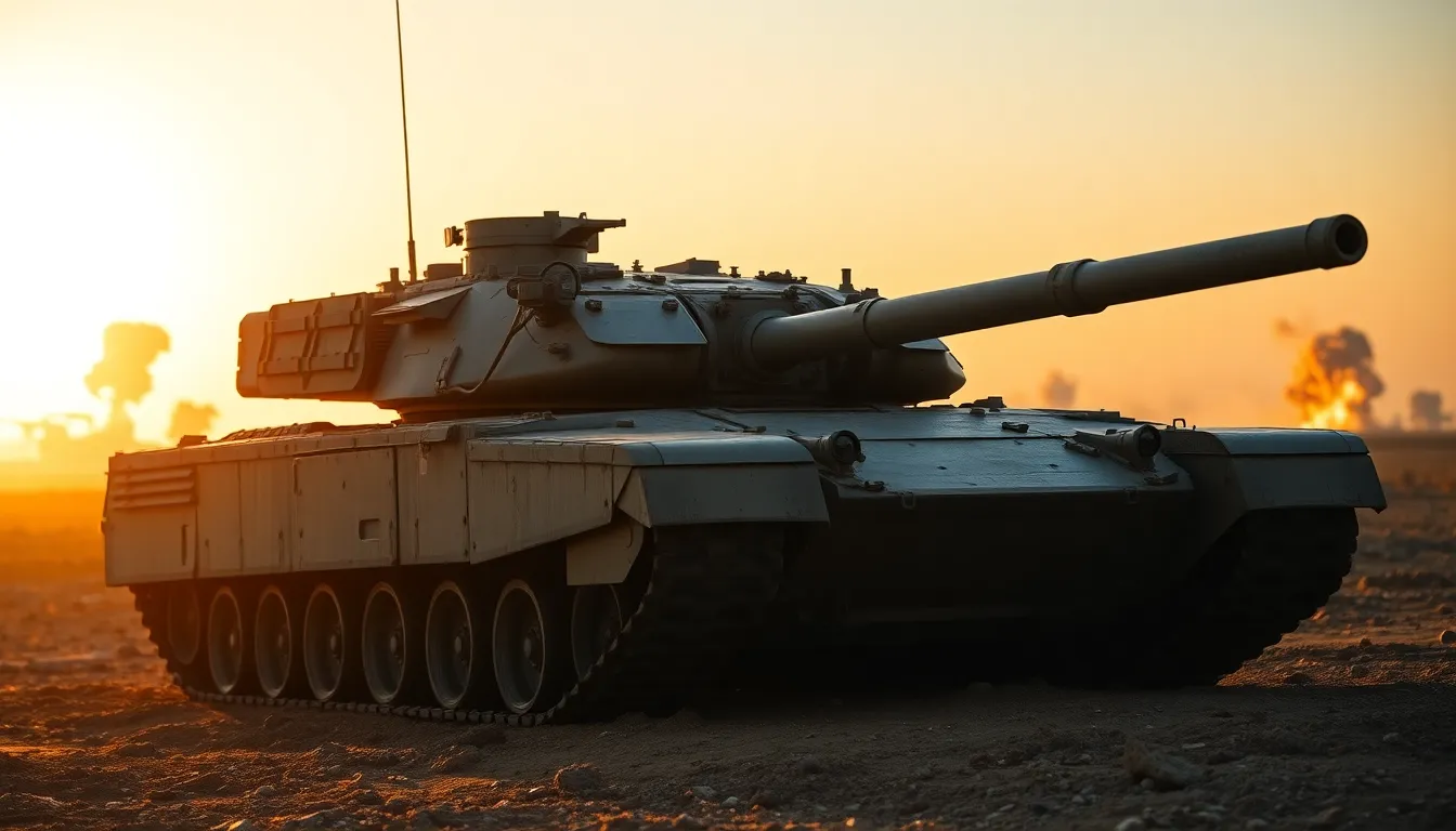 A striking image of a battle-worn M1 Abrams tank positioned on a rugged battlefield during golden hour. The warm sunlight casts dramatic shadows, highlighting the tank’s textured armor and chipped paint. In the background, explosions create a soft blur, emphasizing the intensity of the battlefield. The natural muted tones enhance the gritty atmosphere, showcasing the reality of military engagements.