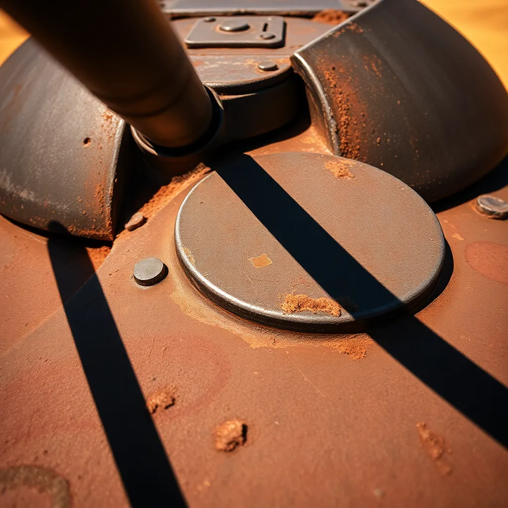 A close-up view of a tank turret reveals the intricate details of its metallic surface against a backdrop of shifting desert sands. The harsh midday light casts dramatic shadows, accentuating the wear and tear from battle. This photograph captures the resilience of military machinery in harsh environments, showcasing textures and colors that tell a story of endurance. The image exudes a stark beauty, blending industrial design with natural landscape.