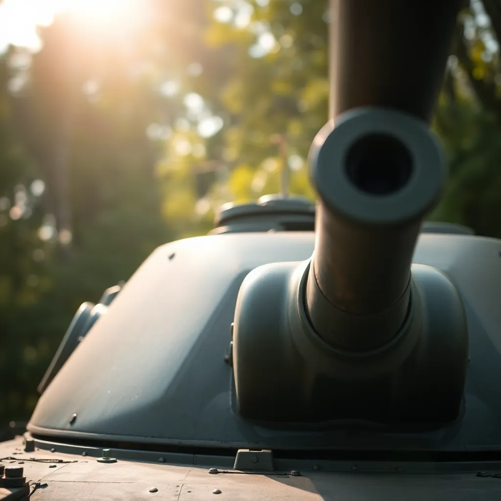 This mesmerizing close-up image reveals the intricate details of a tank's turret, highlighting the robust construction and wear from field use. Captured with a Fujifilm GFX 100S, the soft natural light filters through surrounding trees, creating a serene yet powerful atmosphere. The muted greens and grays of the tank's surface contrast against the blurred backdrop, accentuating its military essence. The shallow depth of field emphasizes the turret's texture and craftsmanship, making this an insightful depiction of armored vehicles in real-world scenarios.