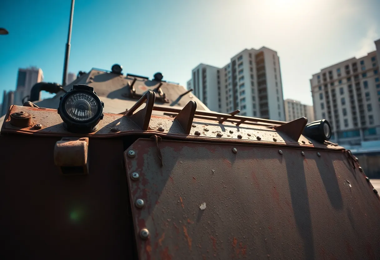 This close-up image showcases a weathered armored vehicle parked in an urban environment under the bright midday sun. The sunlight enhances the rough textures and chipped paint of the vehicle, creating a striking contrast against the cityscape background. With sharp focus on both the vehicle and the urban details, the image captures the essence of military presence in a metropolitan setting. The vibrant colors and centered composition highlight the enduring strength of armored vehicles amidst urban life.