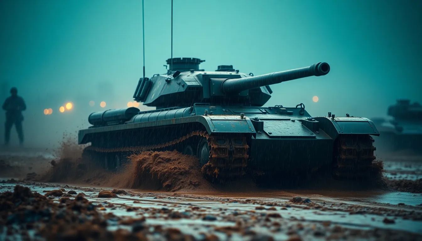 This powerful image captures a tank navigating through a muddy battlefield amid a heavy storm. Raindrops splatter against the tank's robust armor, creating a dramatic visual of strength in adversity. The shallow depth of field emphasizes the tank's movement, while the blurred background amplifies the chaos of the storm. Enhanced by cinematic color grading, this scene conveys a poignant moment of military resilience against nature's fury.