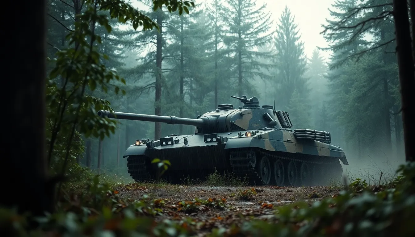 A military tank navigates through a rain-soaked forest, surrounded by trees and damp foliage. The moody overcast lighting creates a serene yet intense atmosphere, while the tank’s camouflaged design blends with the natural environment. This scene captures the power and resilience of armored vehicles in challenging terrains. Reflective water droplets catch the soft light, adding a tactile quality to the image.