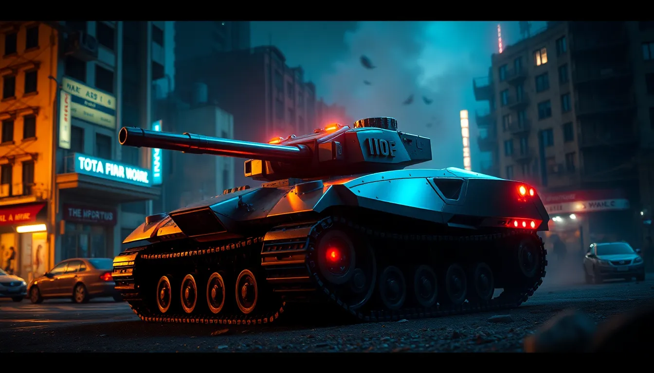 A futuristic robotic tank is seen navigating through a devastated cityscape at night, illuminated by neon lights. The reflective metallic surface of the tank contrasts sharply with the ruins, creating a dramatic effect. The selective focus draws attention to the tank, while the background dissolves into a soft blur, enhancing the scene's dystopian mood. With cinematic teal and orange hues, the atmosphere is thick with tension as smoke drifts through the air.