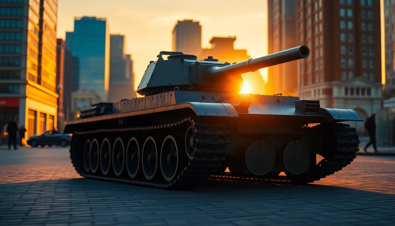 A vintage tank stands majestically against the backdrop of a city skyline during golden hour. The warm light casts a soft glow around the tank, highlighting its rugged features and historical significance. Surrounding urban structures add context to its storied past, while the rich color palette enhances the overall warmth of the scene. The photograph encapsulates a juxtaposition of military history within modernity.
