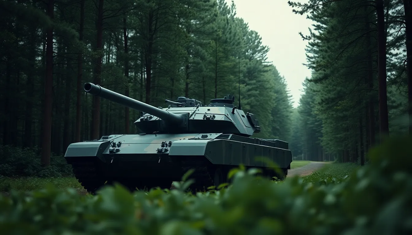 A modern Leopard 2A7 tank is shown cruising through a lush forest on an overcast day. The diffused light beautifully highlights the vibrant greens of the foliage surrounding it. The photo features sharp details from the tank to the trees, creating a sense of depth and space. The leading lines of the forest path guide the viewer's eye toward the tank, emphasizing its sleek design against the natural backdrop.