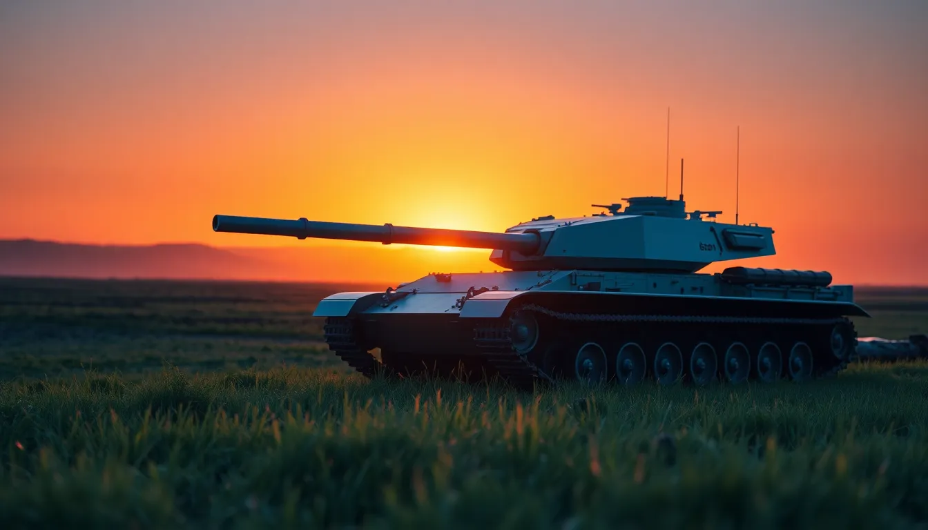 This dramatic image captures a modern tank on an open battlefield during dusk. Bathed in golden hour light, the tank casts long shadows against the vibrant orange and purple sky. The shallow depth of field creates a soft, inviting background, enhancing the vehicle's sleek design. The composition emphasizes the tank's power while inviting the viewer to reflect on the vastness of the battlefield.