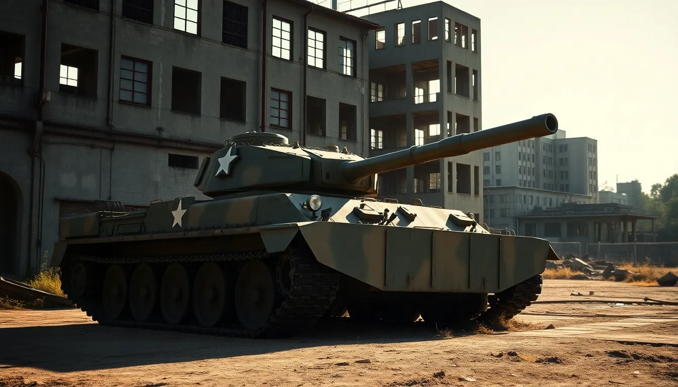 This captivating image features a tank positioned in an abandoned industrial area, illuminated by harsh midday light. The strong shadows emphasize the tank's rugged build against the backdrop of decaying buildings. The shallow depth of field draws focus to the tank, while the blurred background adds to the sense of desolation. Enhanced by muted earth tones, this composition captures the juxtaposition of military strength in a forgotten, crumbling landscape.