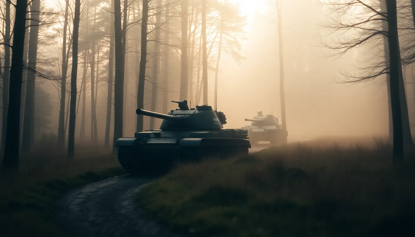 This evocative image captures a tank convoy moving through a serene, misty forest during the early morning. Soft morning light filters through the dense trees, creating an atmospheric and tranquil scene. The shallow depth of field emphasizes the foreground tank while gently blurring the mysterious background. Warm tones characteristic of Kodak Portra 400 enhance the visual comfort, and the composition effectively guides the viewer's gaze along the winding path of the convoy.