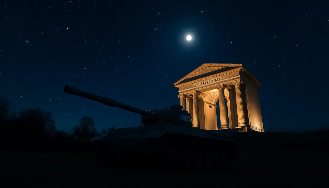 A solitary tank is positioned majestically in front of a historic monument, bathed in soft moonlight under a vast starry sky. The photograph captures the stillness of the night, highlighting the contrast between the military machinery and the quiet beauty of the cosmos. Vibrant stars twinkle overhead, adding a dynamic element to the serene scene. This image portrays a unique blend of history and solitude, evoking a sense of reverence.