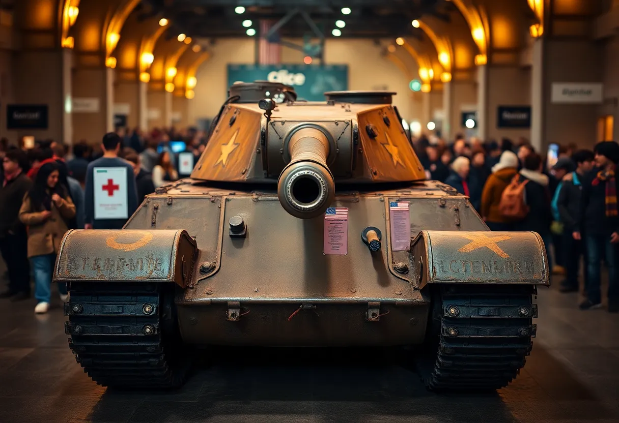 This captivating image features a vintage military tank displayed at a public exhibition, expertly illuminated by warm tungsten lights. The Leica Q3 captures the tank's weathered exterior, showcasing the rich history and craftsmanship involved. The warm color palette evokes nostalgia, inviting the viewer to reflect on the past. With a sharp focus on the tank and a softly blurred crowd in the background, the image creates a sense of appreciation for military heritage while balancing the modern context of the exhibition.