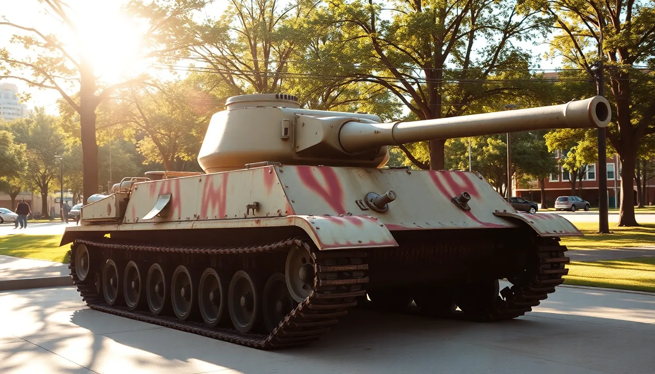 A vintage WWII Sherman tank stands proudly in an urban park under a bright afternoon sun. The sharp contrast in light reveals the tank’s weathered textures and rust details, accentuating its historical importance. Natural muted colors blend with the surrounding greenery, while the Dutch angle composition adds dynamism to the scene. Tall trees frame the tank, creating a juxtaposition between history and modernity.