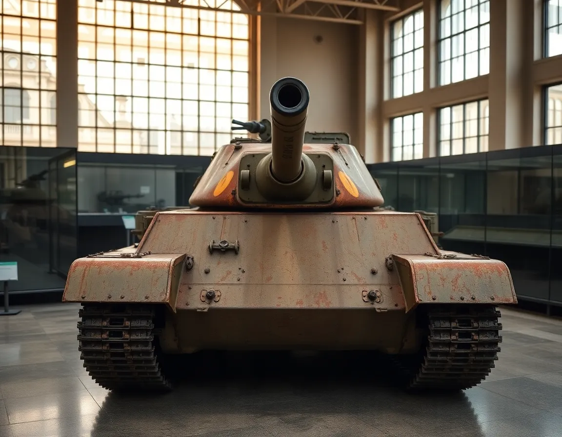 This image showcases a vintage WWII tank displayed in a military museum, elegantly illuminated by soft diffused daylight. The weathered surface details, including rust and faded paint, tell stories of the past. Captured with sharp focus, the tank is centered in a symmetrically composed space, surrounded by glass cases that reflect its historical significance. The muted earthy tones enhance the museum's serene and respectful atmosphere.