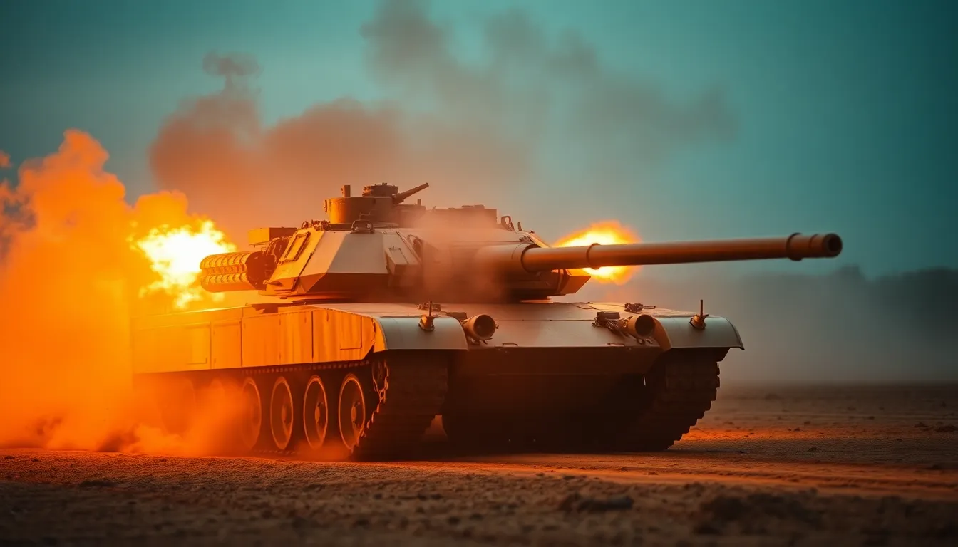 An armored tank is depicted mid-action, firing on a training range as dust and smoke billow around it. The dramatic lighting creates an intense atmosphere, capturing the raw power of military training. The scene is vibrant with teal and orange tones that enhance the overall impact. This image visually narrates the strength and precision of modern armored vehicles in a controlled firing situation.