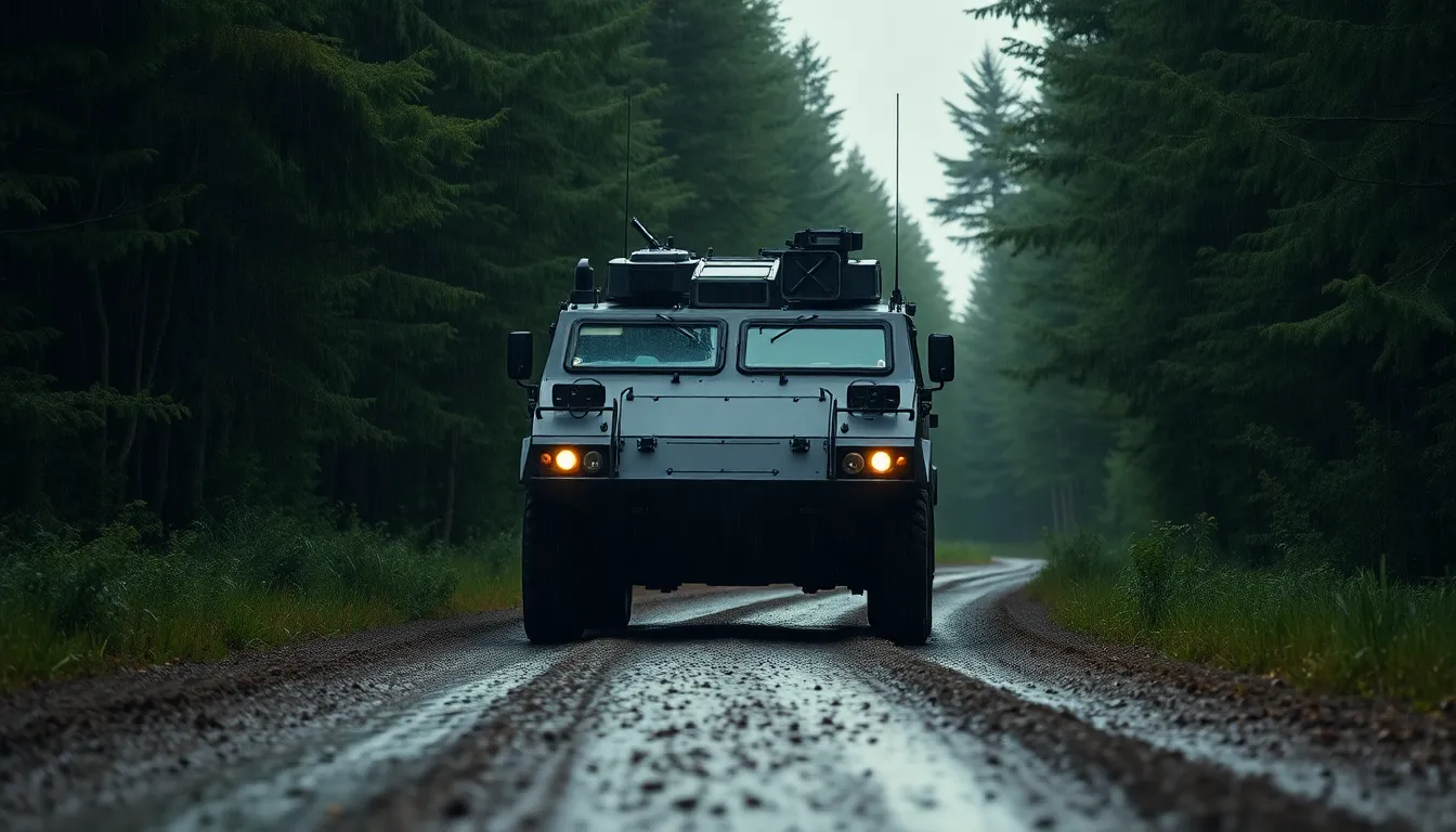 This evocative image portrays an armored personnel carrier navigating a muddy forest road on a rainy day. Shot with a Sony A7R V, the overcast lighting enhances the moody atmosphere while rain droplets create texture on the APC's matte exterior. The rich greens of surrounding foliage blur beautifully in the background, emphasizing the vehicle's dark tones. The leading lines of the muddy path guide the viewer's gaze toward the APC, encapsulating the tenacity and resilience of military vehicles in challenging environments.