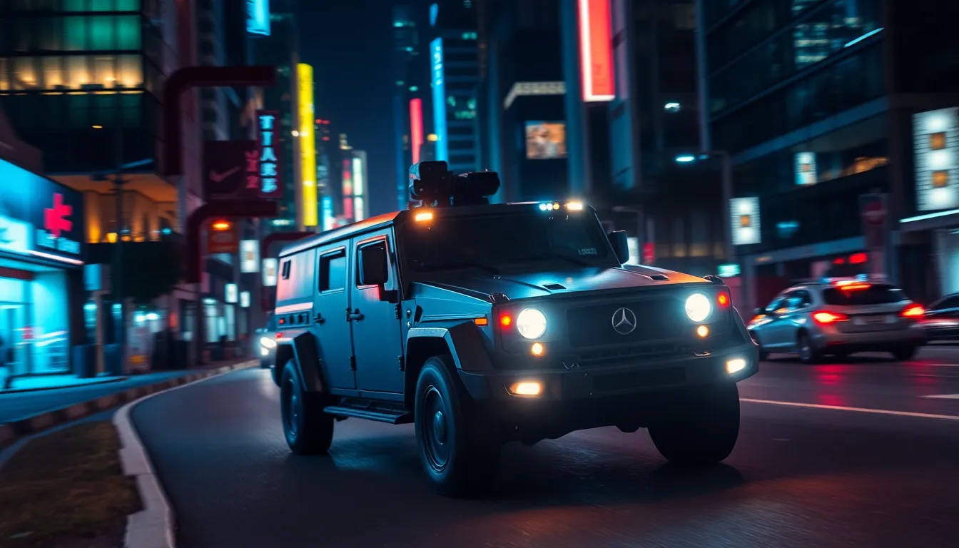 This captivating image features an armored vehicle navigating through a vibrant urban environment at night. Neon lights reflect off its surface, lending an energetic and modern vibe. With a shallow depth of field, the background dissolves into beautiful bokeh, while the cool blues and greens of the color grading enhance the contemporary scene. Leading lines from the cityscape draw the viewer’s focus to the vehicle, encapsulating an essence of urban exploration.