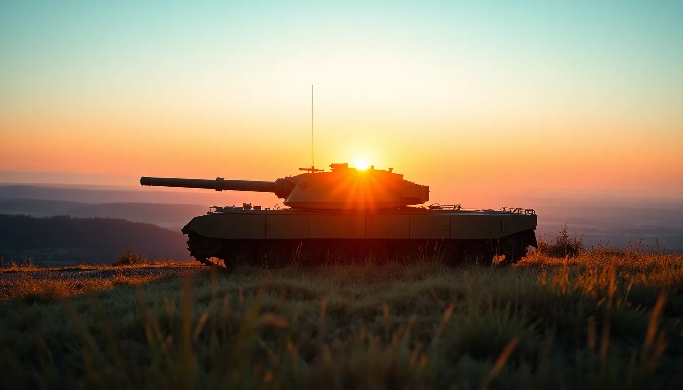 An imposing T-90 tank is stationed atop a hill, offering a breathtaking view of the valley below at dawn. The soft warm hues of early light enhance the tank's dark green color, creating a stark contrast with the brightening sky. With a shallow depth of field, the grass in the foreground is blurred, adding a sense of depth. The symmetrical composition emphasizes the tank's commanding position, symbolizing strength and vigilance.