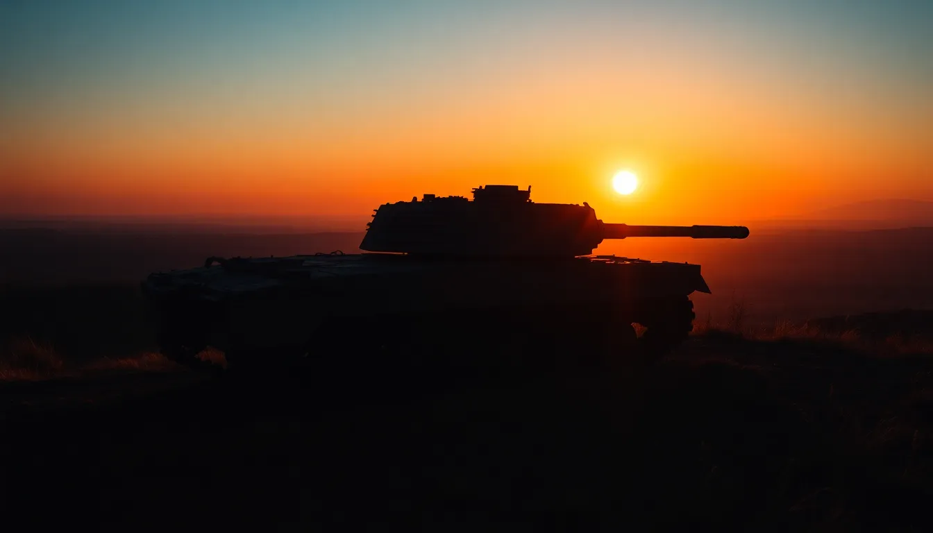 This striking silhouette of a tank, perched on a hill at sunset, conveys a powerful military presence against the horizon. The warm rim light outlines the tank's shape while the sky transitions through rich oranges and cool blues, creating an atmospheric backdrop. Captured with a medium format camera, the sharp details of the tank contrast beautifully with the serene landscape. The composition draws the eye towards the tank, emphasizing its commanding position in the vastness of nature.