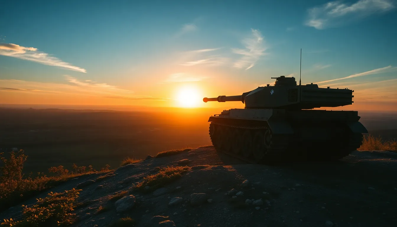 This dramatic image captures a military tank perched on a cliffside at sunrise, overlooking a battlefield. The warm glow of the rising sun enhances the tank's imposing presence while casting long shadows across the rugged terrain. A cinematic color grading of teal and orange adds visual interest, contrasting the cool sky with the warm tank. The Dutch angle composition injects tension and emphasizes the scale of the scene, drawing viewers into this powerful military narrative.