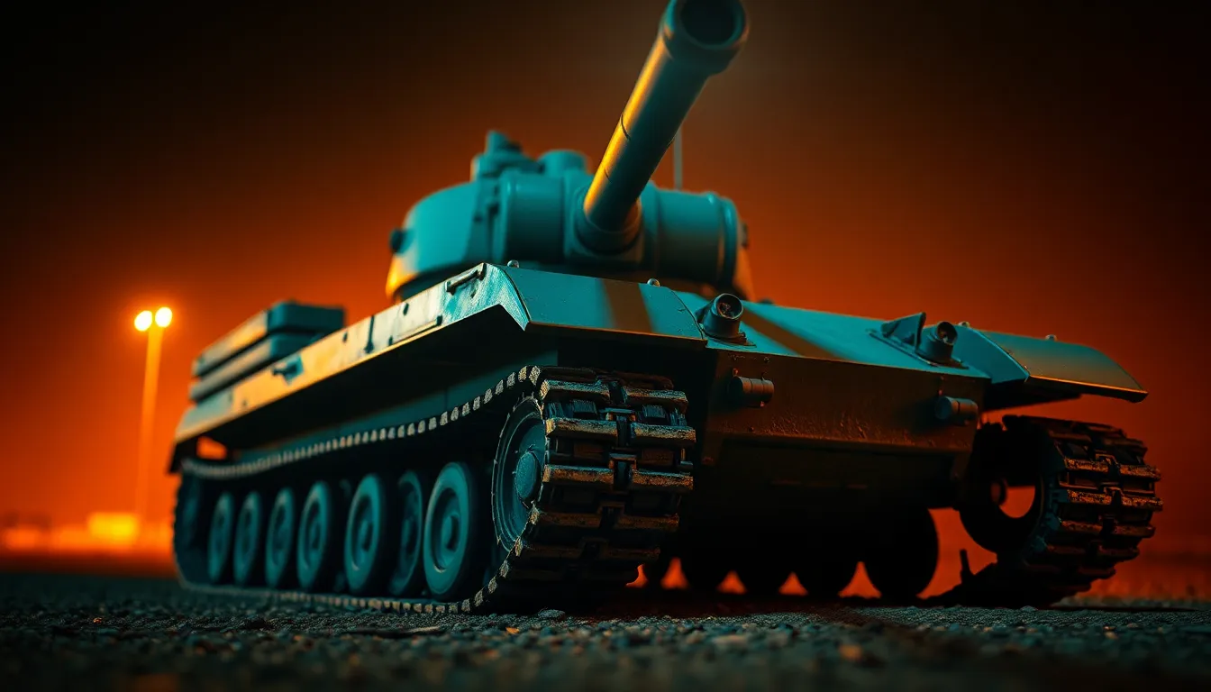 A striking image of a military tank dramatically lit by a single spotlight, enhancing its formidable presence. The spotlight draws attention to the tank’s intricate details, while a teal and orange color grading enriches the scene’s emotional depth. This visually dynamic photograph employs a Dutch angle that adds energy, making the viewer feel the power of the machine. The blurred background creates a sense of isolation, focusing solely on the tank as the central subject.