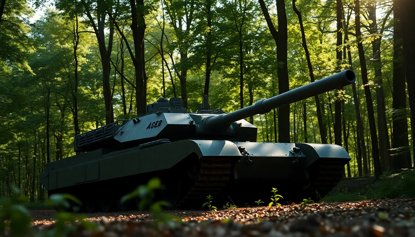 A modern tank is seen maneuvering through a dense forest, bathed in dappled sunlight that filters through the foliage. The contrast between the metallic gray of the tank and the lush greens of the environment creates a striking visual. The shallow depth of field focuses on the tank, with the background fading into a soft blur, enhancing the sense of motion. This scene captures the blend of technology and nature, evoking a sense of exploration and strength.