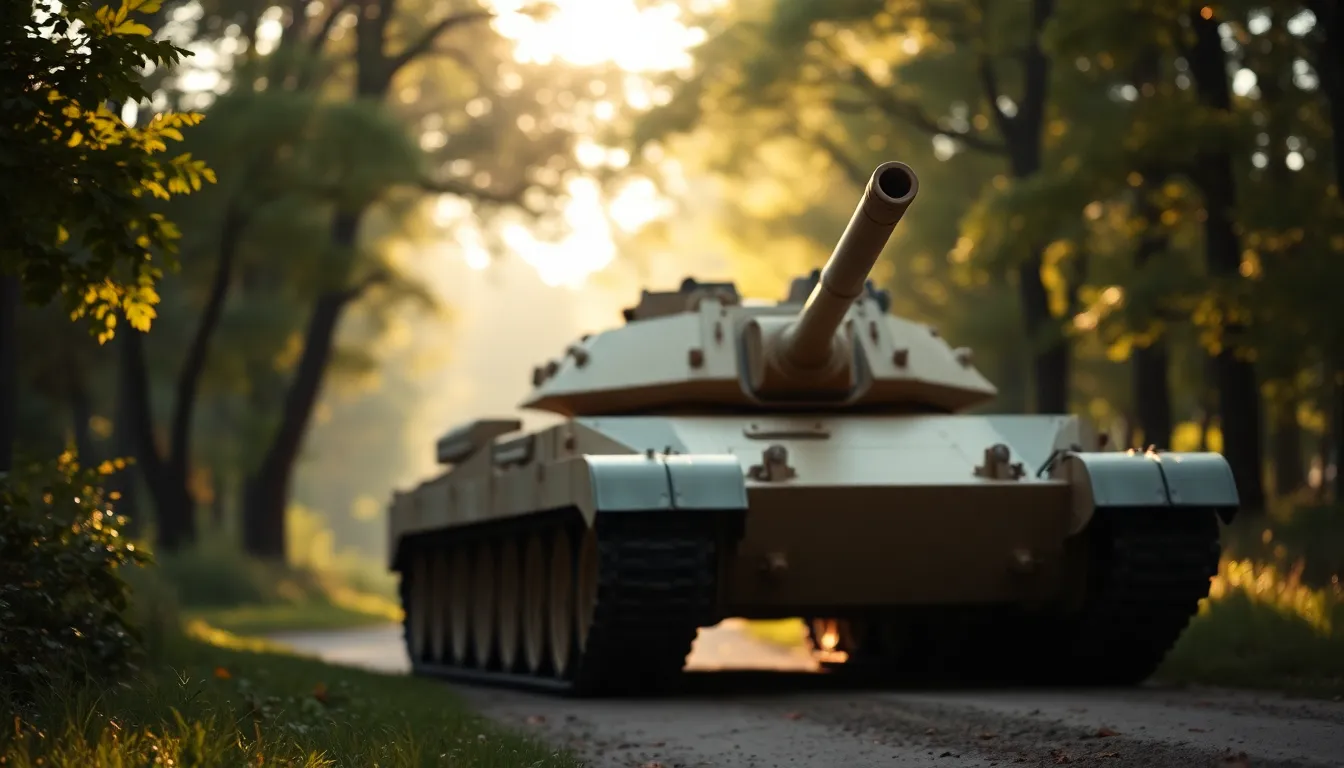 Set in a serene forest, this image features a tank partially obscured by trees in early morning light. The dappled sunlight creates a tranquil atmosphere, while the selective focus draws attention to the turret of the tank, surrounded by a painterly backdrop of soft greenery. The warm tones enhance the military vehicle's rugged appeal, blending it with nature.