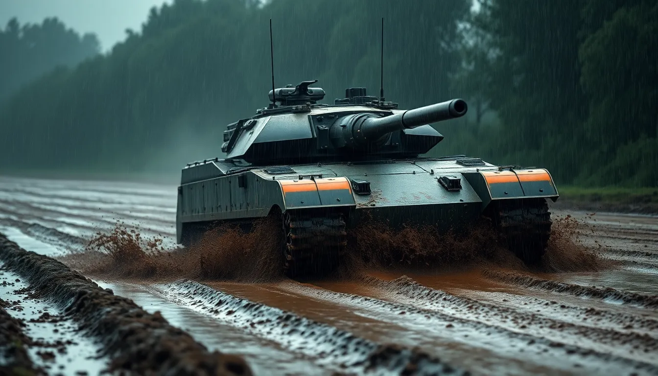 An armored tank bravely navigates through a challenging muddy terrain during a heavy rainstorm, encapsulating the spirit of perseverance in harsh conditions. Raindrops accentuate the image while creating an atmosphere of urgency and realism. The tank's strong presence is emphasized through a hyperfocal depth of field that sharpens every detail, from the muddy splashes to the vehicle's surface. Muted greens and browns dominate the color palette, immersing the viewer in a raw and gritty military environment.