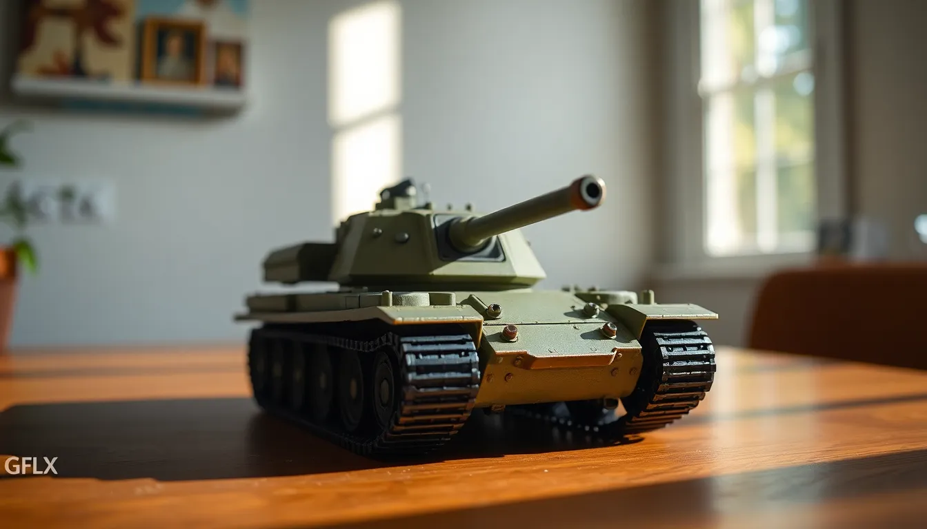 A close-up view of a meticulously detailed tank model rests on a textured wooden table, captured in rich, vibrant colors reminiscent of Fujifilm Velvia film. Soft natural light flows in from a nearby window, enhancing the model's intricate features and the grain of the table surface beneath it. Positioned according to the rule of thirds, the tank model draws the viewer's attention with its careful craftsmanship. This image conveys a sense of admiration for military design and artistry in model-making.